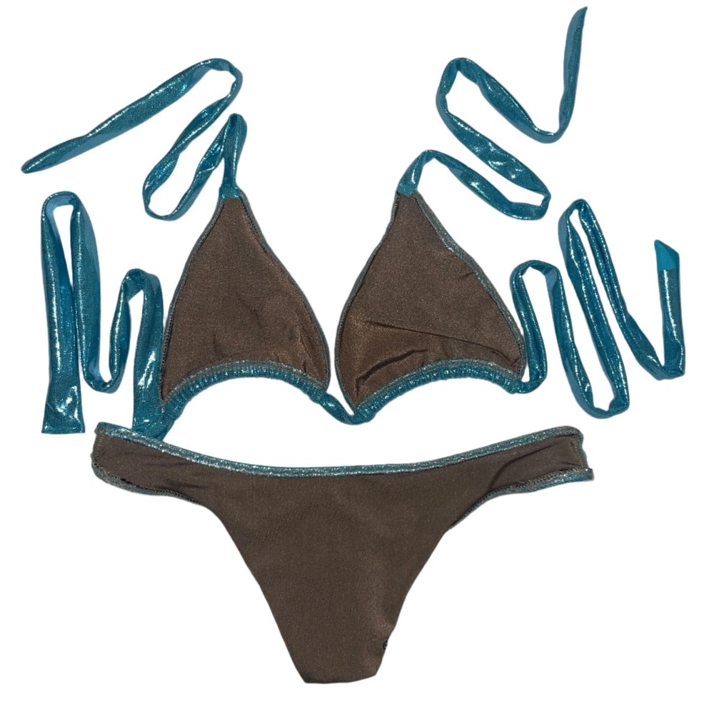 “Made to Order” Metallic Blue Slide Triangle Top & High Leg Bikini Set - Picture 5 of 5